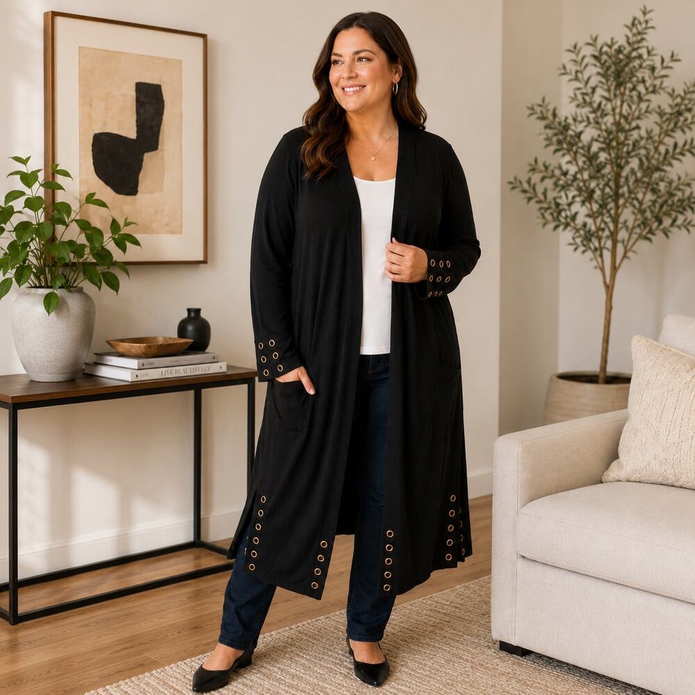 Joseph A Woman 1X Black Open Front Duster Cardigan Grommet Hem Long Sweater